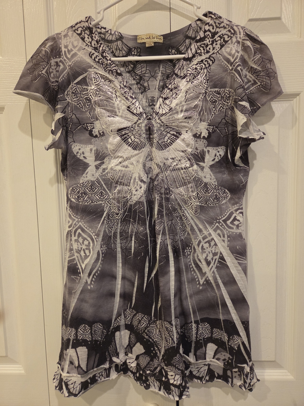 Vintage y2k Live and Let Live Black & White Butterfly V-Neck Women's Top